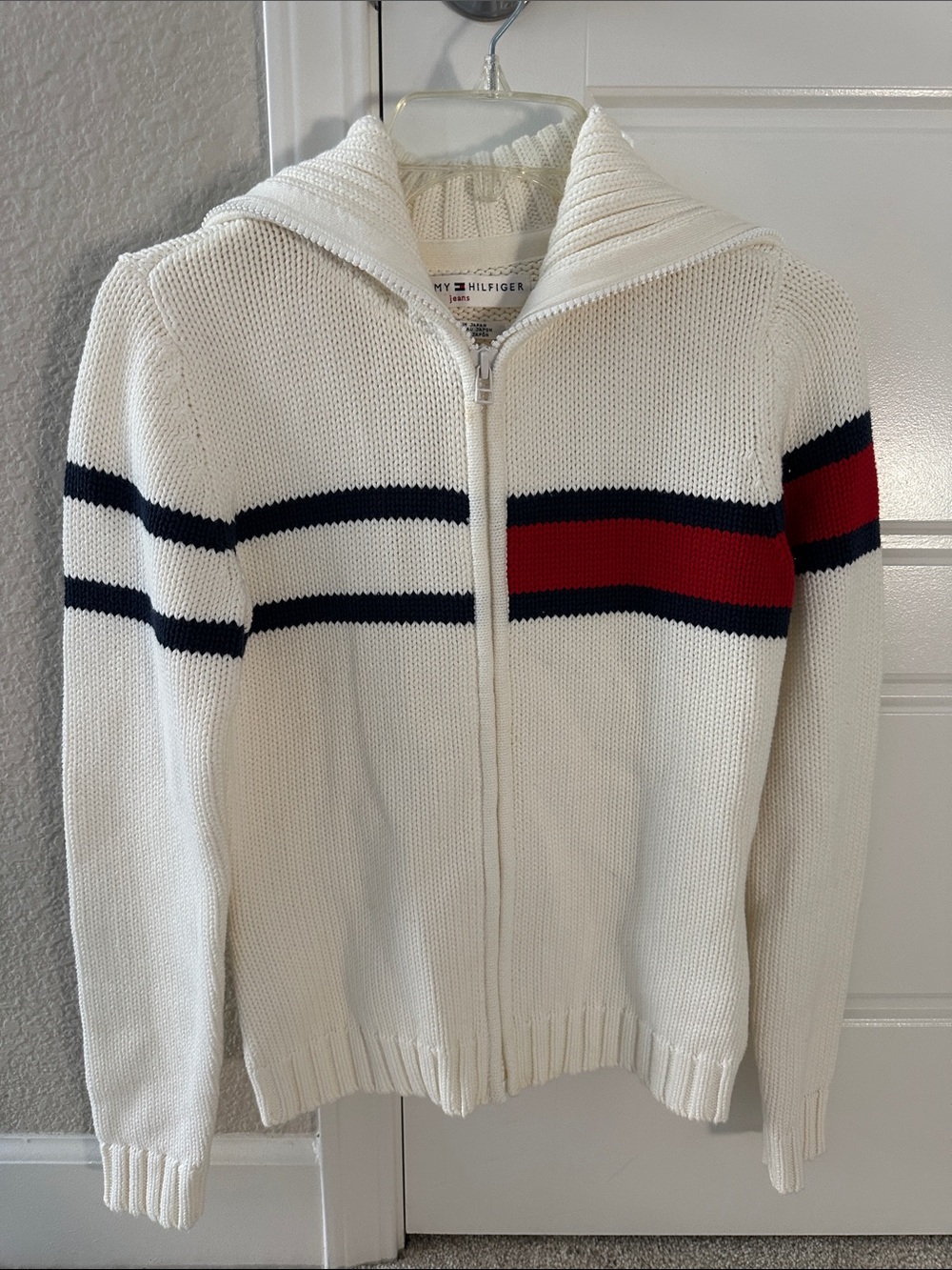 NWOT Tommy Hilfiger White Zip-Up Shawl Collar Sweater with Navy & Red Stripes